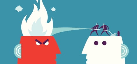 Two cartoon heads on blue background with one head on fire and little figures on the other head extinguishing the fire